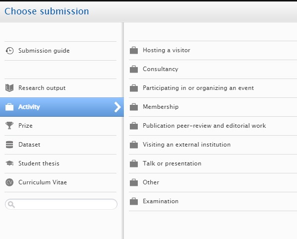 Screenshot: List of activities that can be added to CRIS