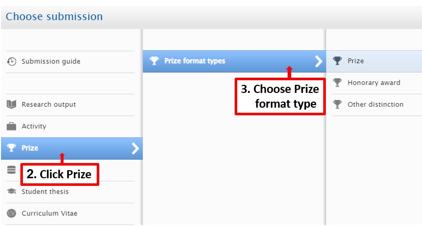 screenshot of choosing a prize and prize format type