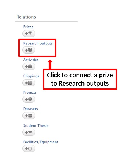 screenshot of connect a prize to research output