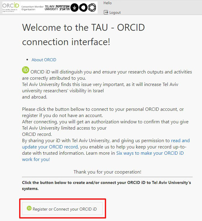 Screenshot: Register or connect your Orcid ID